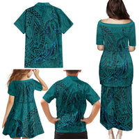 Hawaiian Whales Polynesian Art Motifs Family Matching Puletasi and Hawaiian Shirt Turquoise Color - Polynesian Pride