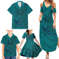 Hawaiian Whales Polynesian Art Motifs Family Matching Summer Maxi Dress and Hawaiian Shirt Turquoise Color - Polynesian Pride