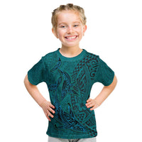 Hawaiian Whales Polynesian Art Motifs Kid T Shirt Turquoise Color - Polynesian Pride