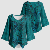 Hawaiian Whales Polynesian Art Motifs Kimono Sleeve Blouse Turquoise Color - Polynesian Pride