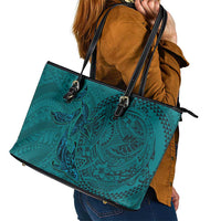 Hawaiian Whales Polynesian Art Motifs Leather Tote Bag Turquoise Color - Polynesian Pride