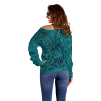 Hawaiian Whales Polynesian Art Motifs Off Shoulder Sweater Turquoise Color - Polynesian Pride