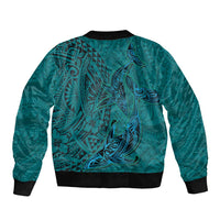 Hawaiian Whales Polynesian Art Motifs Sleeve Zip Bomber Jacket Turquoise Color - Polynesian Pride