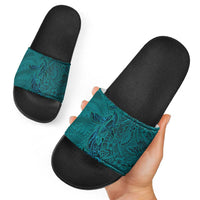 Hawaiian Whales Polynesian Art Motifs Slide Sandals Turquoise Color - Polynesian Pride