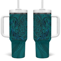 Hawaiian Whales Polynesian Art Motifs Tumbler With Handle Turquoise Color - Polynesian Pride