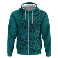 Hawaiian Whales Polynesian Art Motifs Zip Hoodie Turquoise Color - Polynesian Pride
