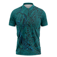 Hawaiian Whales Polynesian Art Motifs Zipper Polo Shirt Turquoise Color - Polynesian Pride