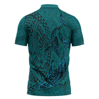 Hawaiian Whales Polynesian Art Motifs Zipper Polo Shirt Turquoise Color - Polynesian Pride