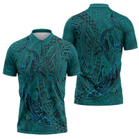 Hawaiian Whales Polynesian Art Motifs Zipper Polo Shirt Turquoise Color - Polynesian Pride