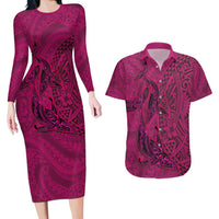 Hawaiian Whales Polynesian Art Motifs Couples Matching Long Sleeve Bodycon Dress and Hawaiian Shirt Pink Color LT03 Pink - Polynesian Pride
