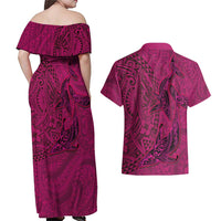 Hawaiian Whales Polynesian Art Motifs Couples Matching Off Shoulder Maxi Dress and Hawaiian Shirt Pink Color LT03 - Polynesian Pride