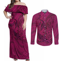 Hawaiian Whales Polynesian Art Motifs Couples Matching Off Shoulder Maxi Dress and Long Sleeve Button Shirt Pink Color - Polynesian Pride