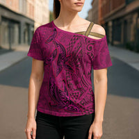 Hawaiian Whales Polynesian Art Motifs Cross Shoulder Shirt Pink Color - Polynesian Pride