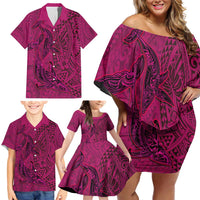 Hawaiian Whales Polynesian Art Motifs Family Matching Off Shoulder Short Dress and Hawaiian Shirt Pink Color - Polynesian Pride