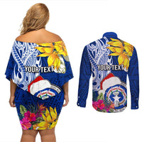 Custom Northern Mariana Islands Christmas Couples Matching Off Shoulder Short Dress and Long Sleeve Button Shirt Funny Santa Hug Latte Stone Ylang-ylang and Polynesia Pattern Blue LT03 - Polynesian Pride