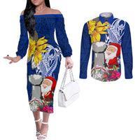 Custom Northern Mariana Islands Christmas Couples Matching Off The Shoulder Long Sleeve Dress and Long Sleeve Button Shirt Funny Santa Hug Latte Stone Ylang-ylang and Polynesia Pattern Blue LT03 Blue - Polynesian Pride