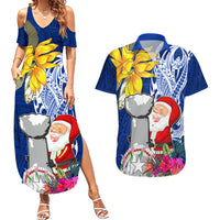 Custom Northern Mariana Islands Christmas Couples Matching Summer Maxi Dress and Hawaiian Shirt Funny Santa Hug Latte Stone Ylang-ylang and Polynesia Pattern Blue LT03 Blue - Polynesian Pride