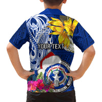 Custom Northern Mariana Islands Christmas Family Matching Puletasi Dress and Hawaiian Shirt Funny Santa Hug Latte Stone Ylang-ylang and Polynesia Pattern Blue LT03 - Polynesian Pride
