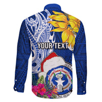Custom Northern Mariana Islands Christmas Family Matching Puletasi Dress and Hawaiian Shirt Funny Santa Hug Latte Stone Ylang-ylang and Polynesia Pattern Blue LT03 - Polynesian Pride