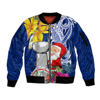 Custom Northern Mariana Islands Christmas Sleeve Zip Bomber Jacket Funny Santa Hug Latte Stone Ylang-ylang and Polynesia Pattern Blue LT03 Unisex Blue - Polynesian Pride