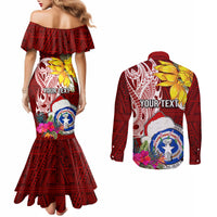 Custom Northern Mariana Islands Christmas Couples Matching Mermaid Dress and Long Sleeve Button Shirt Funny Santa Hug Latte Stone Ylang-ylang and Polynesia Pattern Red LT03 - Polynesian Pride
