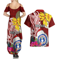 Custom Northern Mariana Islands Christmas Couples Matching Summer Maxi Dress and Hawaiian Shirt Funny Santa Hug Latte Stone Ylang-ylang and Polynesia Pattern Red LT03 - Polynesian Pride