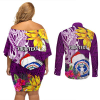 Custom Northern Mariana Islands Christmas Couples Matching Off Shoulder Short Dress and Long Sleeve Button Shirt Funny Santa Hug Latte Stone Ylang-ylang and Polynesia Pattern Pink LT03 - Polynesian Pride