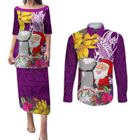 Custom Northern Mariana Islands Christmas Couples Matching Puletasi Dress and Long Sleeve Button Shirt Funny Santa Hug Latte Stone Ylang-ylang and Polynesia Pattern Pink LT03 Pink - Polynesian Pride