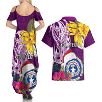 Custom Northern Mariana Islands Christmas Couples Matching Summer Maxi Dress and Hawaiian Shirt Funny Santa Hug Latte Stone Ylang-ylang and Polynesia Pattern Pink LT03 - Polynesian Pride