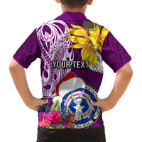 Custom Northern Mariana Islands Christmas Kid Hawaiian Shirt Funny Santa Hug Latte Stone Ylang-ylang and Polynesia Pattern Pink LT03 - Polynesian Pride