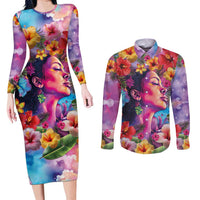 Polynesian Women Couples Matching Long Sleeve Bodycon Dress and Long Sleeve Button Shirt Tropical Plant - Vibrant Surreal Dreamscape Vibe
