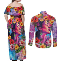 Polynesian Women Couples Matching Off Shoulder Maxi Dress and Long Sleeve Button Shirt Tropical Plant - Vibrant Surreal Dreamscape Vibe