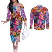 Polynesian Women Couples Matching Off The Shoulder Long Sleeve Dress and Long Sleeve Button Shirt Tropical Plant - Vibrant Surreal Dreamscape Vibe