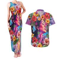 Polynesian Women Couples Matching Tank Maxi Dress and Hawaiian Shirt Tropical Plant - Vibrant Surreal Dreamscape Vibe