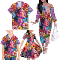 Polynesian Women Family Matching Off The Shoulder Long Sleeve Dress and Hawaiian Shirt Tropical Plant - Vibrant Surreal Dreamscape Vibe