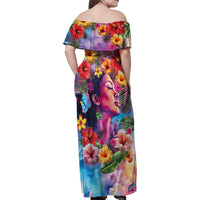 Polynesian Women Family Matching Off Shoulder Maxi Dress and Hawaiian Shirt Tropical Plant - Vibrant Surreal Dreamscape Vibe