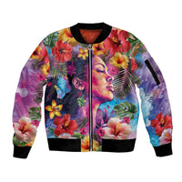 Polynesian Women Sleeve Zip Bomber Jacket Tropical Plant - Vibrant Surreal Dreamscape Vibe