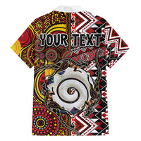 Personalised Aotearoa and Australia Together Family Matching Off Shoulder Short Dress and Hawaiian Shirt Koru and Kangaroo - Taniko with Aboriginal Motif LT03 - Polynesian Pride