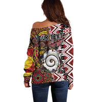 Personalised Aotearoa and Australia Together Off Shoulder Sweater Koru and Kangaroo - Taniko with Aboriginal Motif