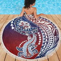 Hawaiian Manta Ray and Hammerhead Shark Tribal Tattoo Beach Blanket with Polynesian Tribal Pattern Hawaii Flag Color