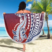 Hawaiian Manta Ray and Hammerhead Shark Tribal Tattoo Beach Blanket with Polynesian Tribal Pattern Hawaii Flag Color