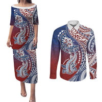 Hawaiian Manta Ray and Hammerhead Shark Tribal Tattoo Couples Matching Puletasi and Long Sleeve Button Shirt with Polynesian Tribal Pattern Hawaii Flag Color LT03 Multicolor - Polynesian Pride