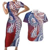 Hawaiian Manta Ray and Hammerhead Shark Tribal Tattoo Couples Matching Short Sleeve Bodycon Dress and Hawaiian Shirt with Polynesian Tribal Pattern Hawaii Flag Color LT03 Multicolor - Polynesian Pride