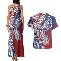 Hawaiian Manta Ray and Hammerhead Shark Tribal Tattoo Couples Matching Tank Maxi Dress and Hawaiian Shirt with Polynesian Tribal Pattern Hawaii Flag Color LT03 - Polynesian Pride