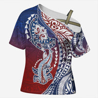 Hawaiian Manta Ray and Hammerhead Shark Tribal Tattoo Cross Shoulder Shirt with Polynesian Tribal Pattern Hawaii Flag Color
