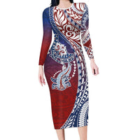 Hawaiian Manta Ray and Hammerhead Shark Tribal Tattoo Family Matching Long Sleeve Bodycon Dress and Hawaiian Shirt with Polynesian Tribal Pattern Hawaii Flag Color LT03 Mom's Dress Multicolor - Polynesian Pride
