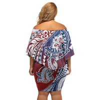 Hawaiian Manta Ray and Hammerhead Shark Tribal Tattoo Family Matching Off Shoulder Short Dress and Hawaiian Shirt with Polynesian Tribal Pattern Hawaii Flag Color LT03 - Polynesian Pride