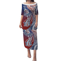 Hawaiian Manta Ray and Hammerhead Shark Tribal Tattoo Family Matching Puletasi and Hawaiian Shirt with Polynesian Tribal Pattern Hawaii Flag Color LT03 Mom's Dress Multicolor - Polynesian Pride