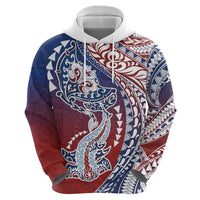 Hawaiian Manta Ray and Hammerhead Shark Tribal Tattoo Hoodie with Polynesian Tribal Pattern Hawaii Flag Color