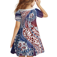 Hawaiian Manta Ray and Hammerhead Shark Tribal Tattoo Kid Short Sleeve Dress with Polynesian Tribal Pattern Hawaii Flag Color LT03 - Polynesian Pride